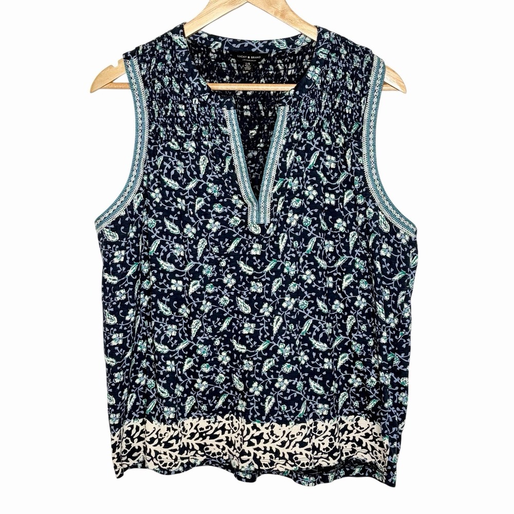 Lucky Brand Embroidered Boho Floral Tank Top Blue Womens L Knit Festival Hippie